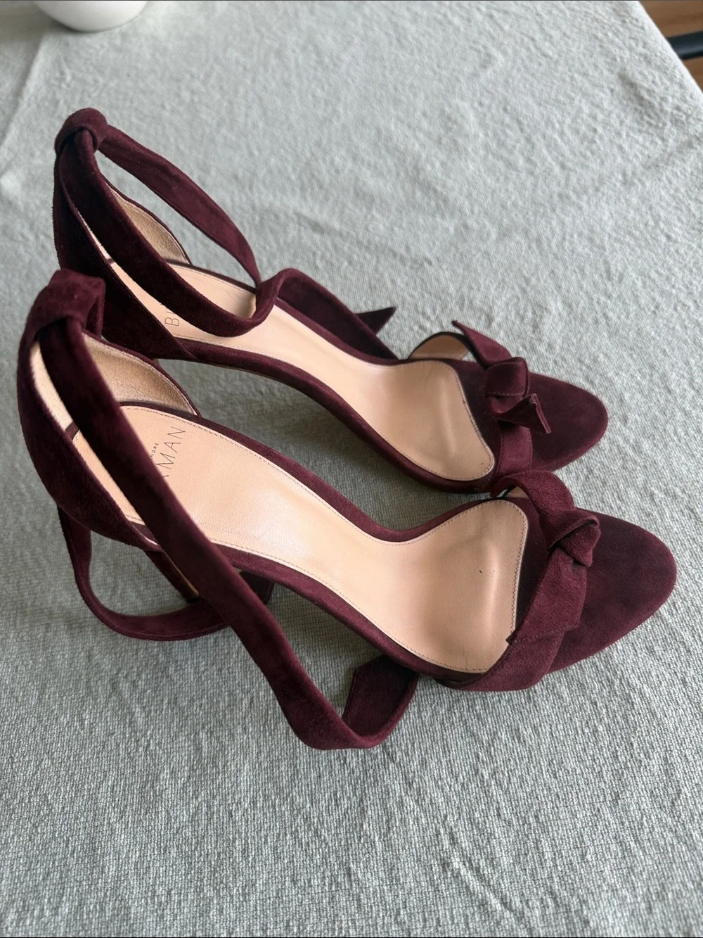 Alexandre Birman Burgundy Suede Knotted Open-Toe Ankle-Tie Heels